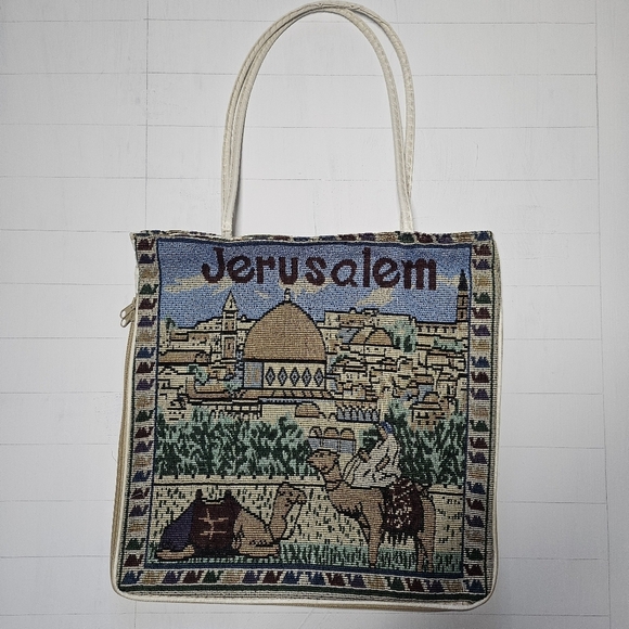 Jerusalem Camel Zippered Woven Tote Cloth Bag Purse Holy Land Israel Vintage - Picture 1 of 6